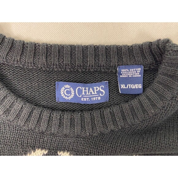 CHAPS RL Fair Isle Black Bear Sweater Mens XL 100% Cotton Knit Crewneck Pullover - Picture 7 of 9